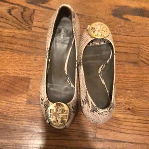 Tory Burch embossed logo peep toe wedges